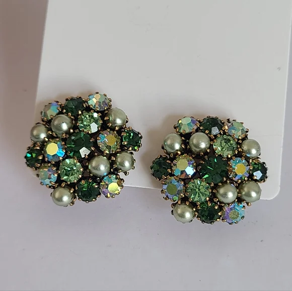 Vintage Mid Century Mod Gold Green Crystal AB Rhinestone Chunky Clip-On Earrings - Picture 2 of 9